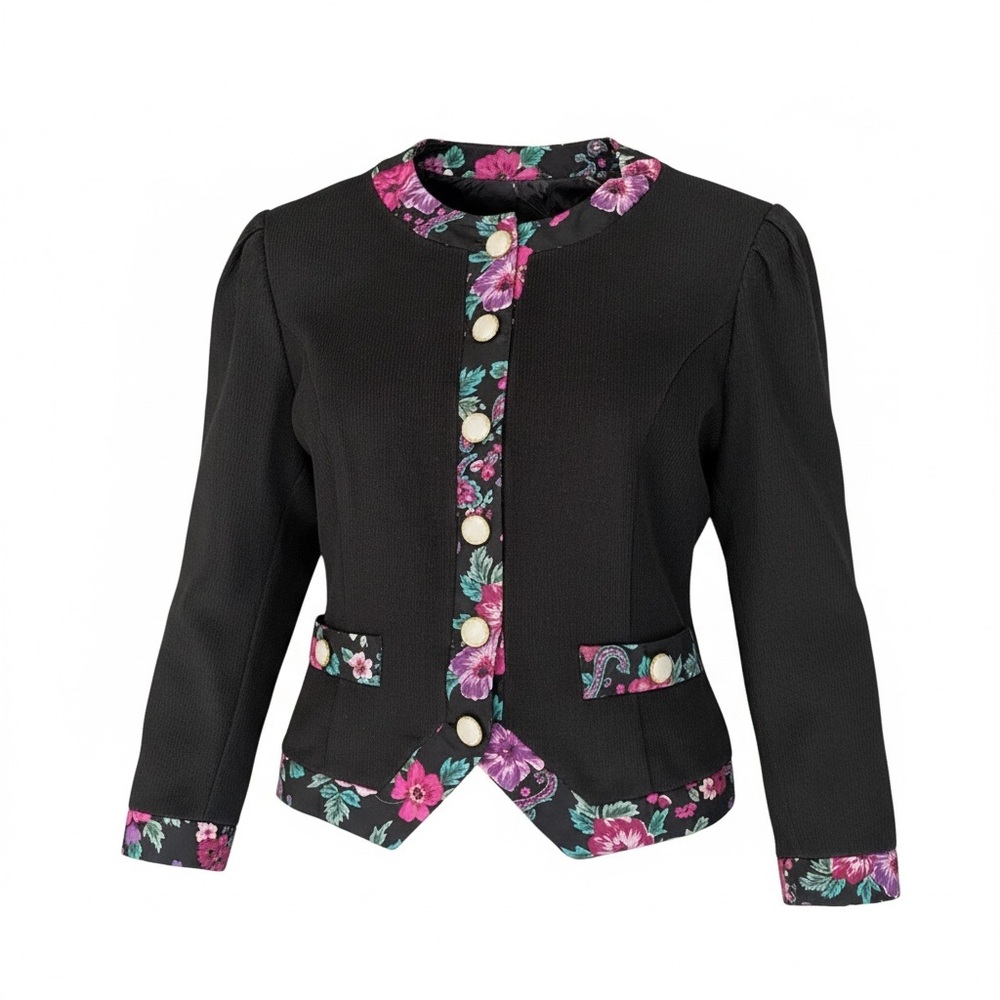 Vintage 80’s Knit Cropped Cardigan 10 Floral Trim Pearl Buttons Career Office